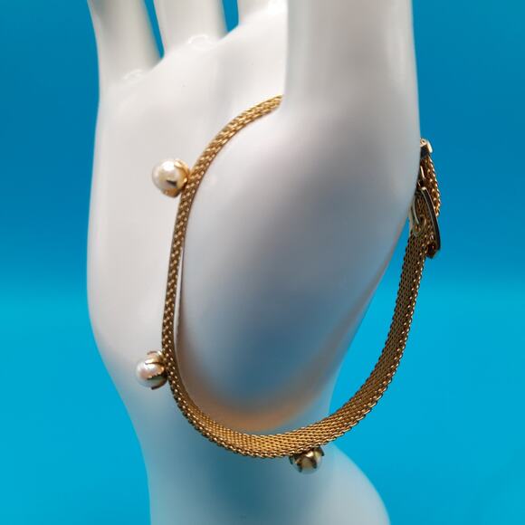 Vintage Mesh Faux Pearl Bracelet, Belt Style Buckle, Mid-Century Jewelry - Picture 3 of 14